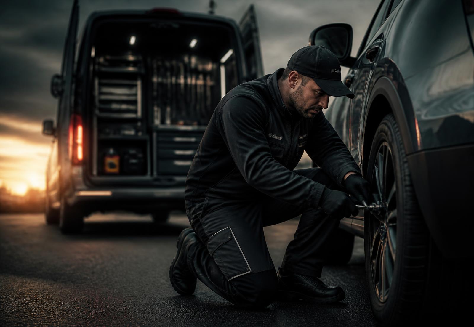 Mobile mechanic repairing a car wheel beside a fully equipped service van at dusk